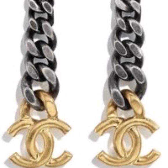 Gold CC 21P Curb Link Chain Ruthenium Silver Logo Large Dangle Drop Earrings - Picture 2 of 4